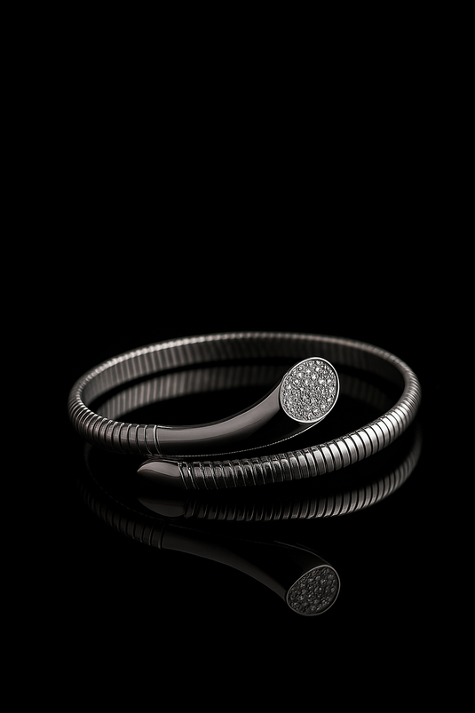 Bracelet-Black Rhodium Coil with Pave CZ Head – Snake-Inspired Design