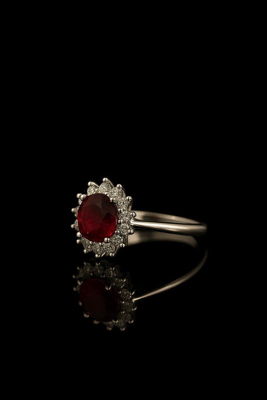 Ruby Halo Ring in Sterling Silver